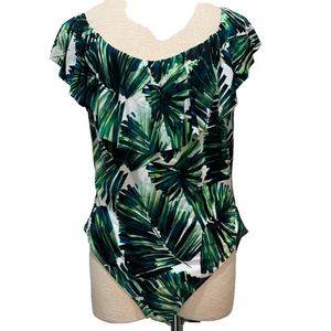 Mynah size 24W one piece tropical print ruffled swimsuit